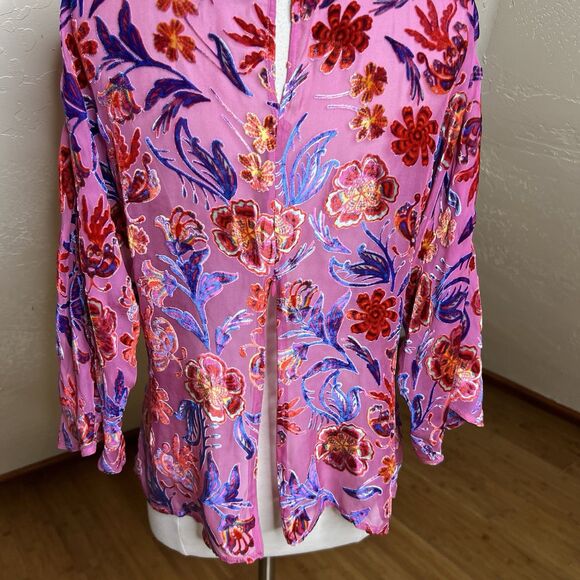 Hale Bob Top Medium Pink Floral Delyse Velvet Burnout Keyhole 3/4 Kimono Sleeves - Picture 10 of 11